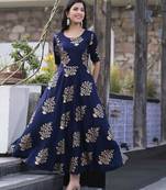 Navyblue Gold Printed Rayon Flared Kurti