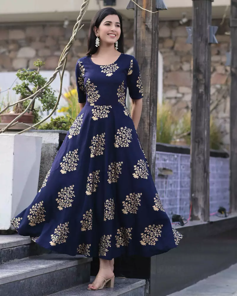 Navyblue Gold Printed Rayon Flared Kurti
