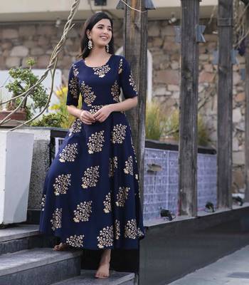 Navyblue Gold Printed Rayon Flared Kurti 5