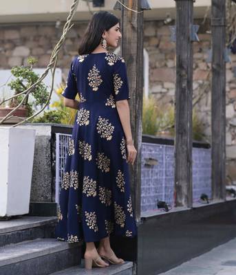 Navyblue Gold Printed Rayon Flared Kurti 6