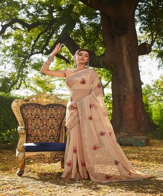 Beige embroidered georgette saree with blouse 1