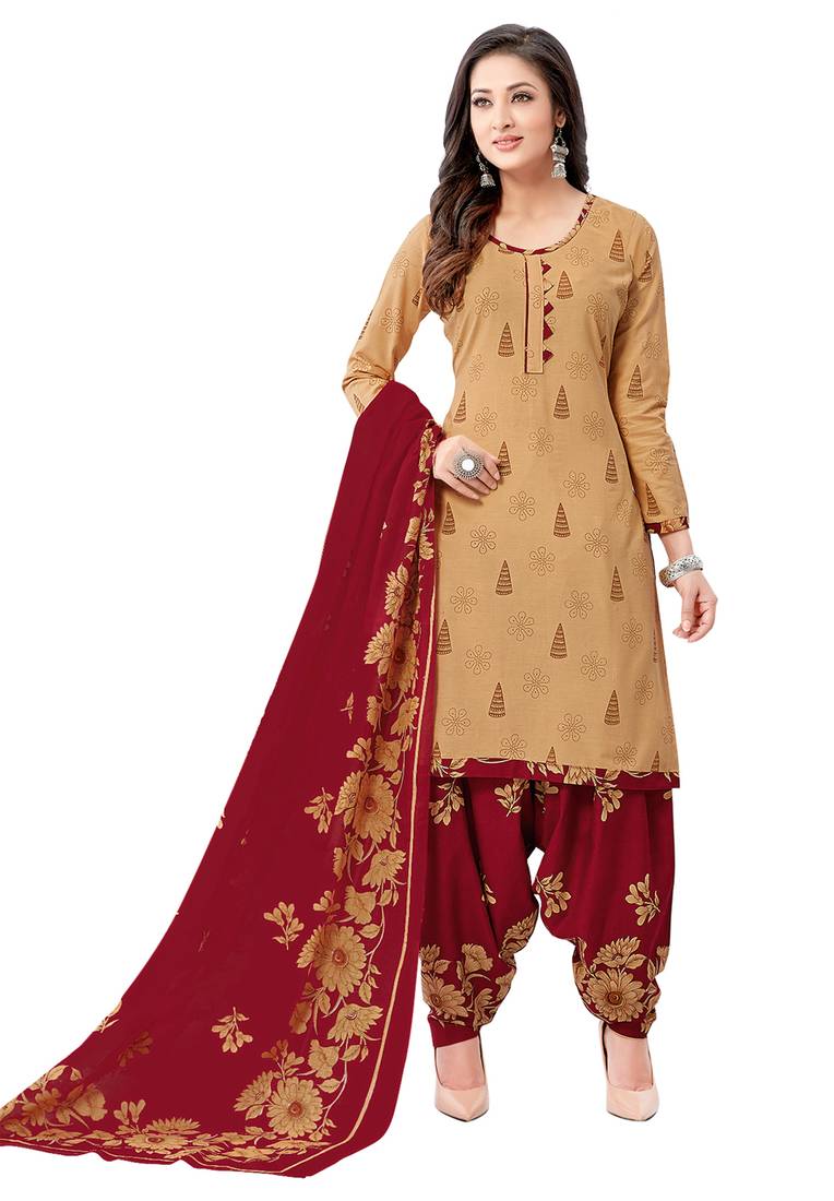 Beige & Maroon Cotton Printed Unstitch Dress Material with Dupatta