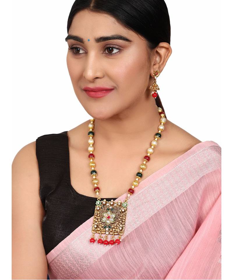 Multicolor Meenakari Long Crystal Necklace & Earring