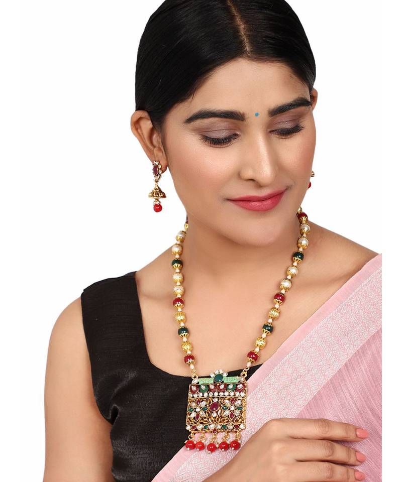 Multicolor Meenakari Long Crystal Necklace & Earring