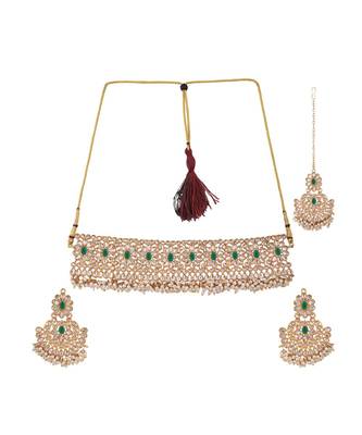 Gold-Plated Green-Coloured & White Stone-Studded & Beaded Traditional Jewellery Set 2