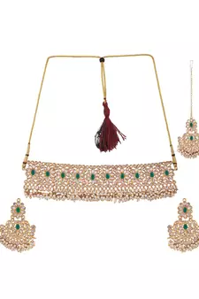 Gold-Plated Green-Coloured & White Stone-Studded & Beaded Traditional Jewellery Set