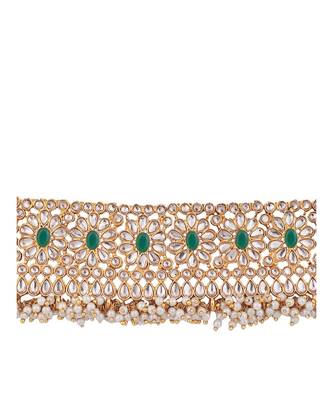 Gold-Plated Green-Coloured & White Stone-Studded & Beaded Traditional Jewellery Set 3