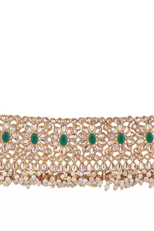 Gold-Plated Green-Coloured & White Stone-Studded & Beaded Traditional Jewellery Set