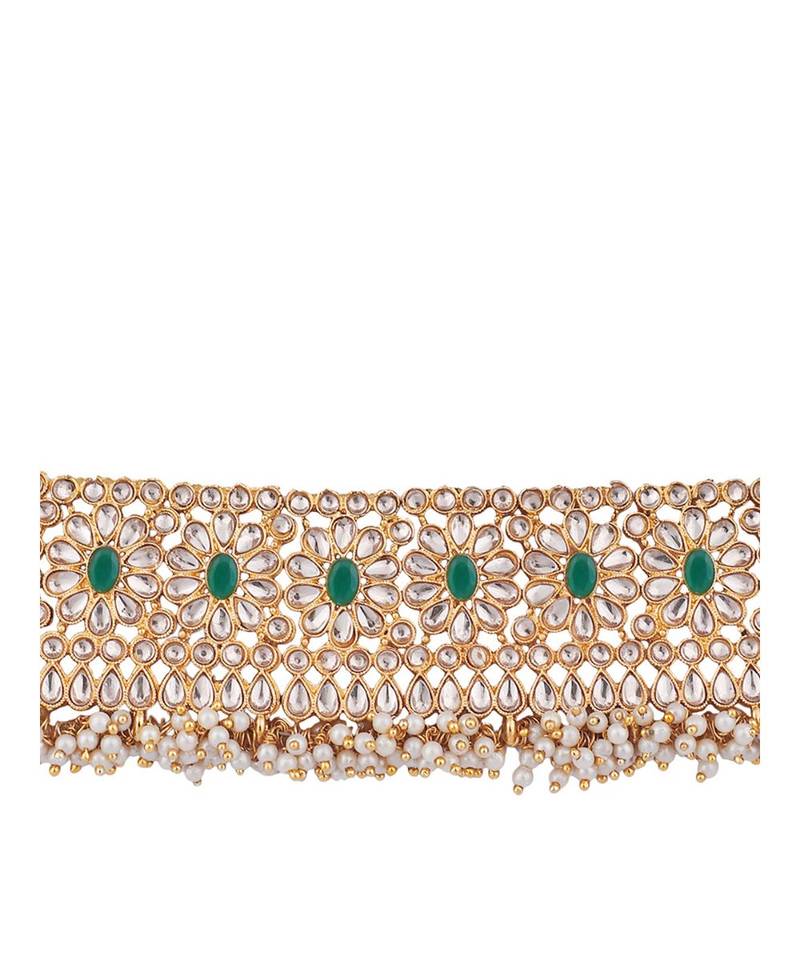 Gold-Plated Green-Coloured & White Stone-Studded & Beaded Traditional Jewellery Set