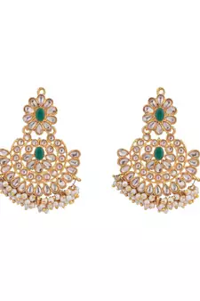 Gold-Plated Green-Coloured & White Stone-Studded & Beaded Traditional Jewellery Set