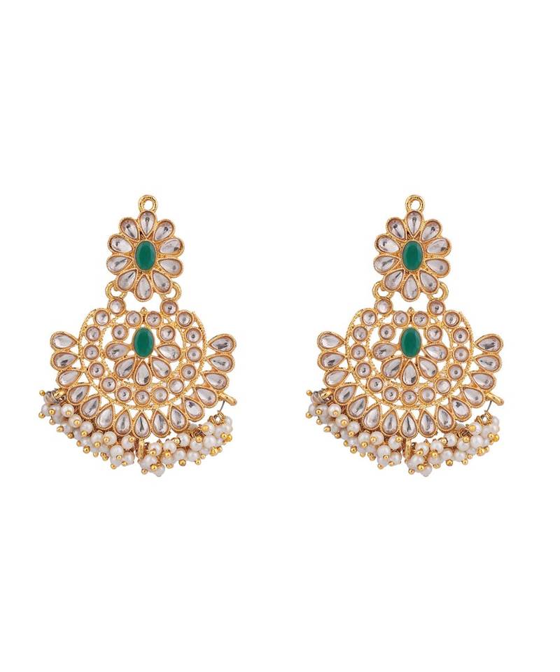 Gold-Plated Green-Coloured & White Stone-Studded & Beaded Traditional Jewellery Set