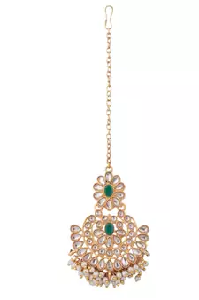 Gold-Plated Green-Coloured & White Stone-Studded & Beaded Traditional Jewellery Set