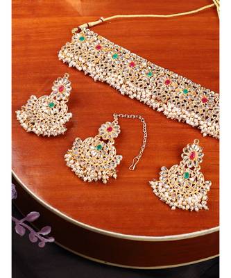 Gold-Plated Multi-Coloured & White Stone-Studded & Beaded Traditional Jewellery Set 1