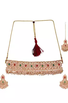 Gold-Plated Multi-Coloured & White Stone-Studded & Beaded Traditional Jewellery Set