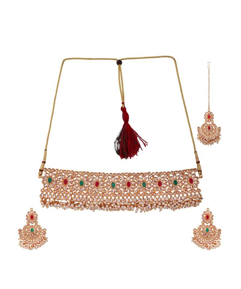 Gold-Plated Multi-Coloured & White Stone-Studded & Beaded Traditional Jewellery Set