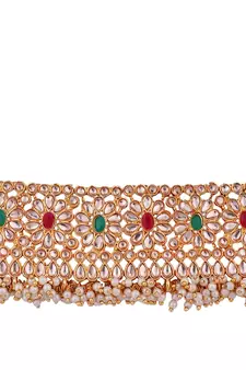 Gold-Plated Multi-Coloured & White Stone-Studded & Beaded Traditional Jewellery Set