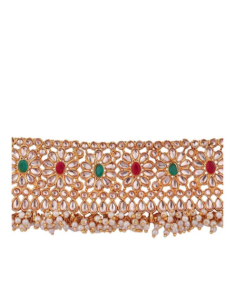 Gold-Plated Multi-Coloured & White Stone-Studded & Beaded Traditional Jewellery Set