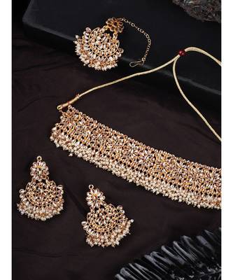 Gold-Plated White Stone-Studded & Beaded Traditional Jewellery Set 1