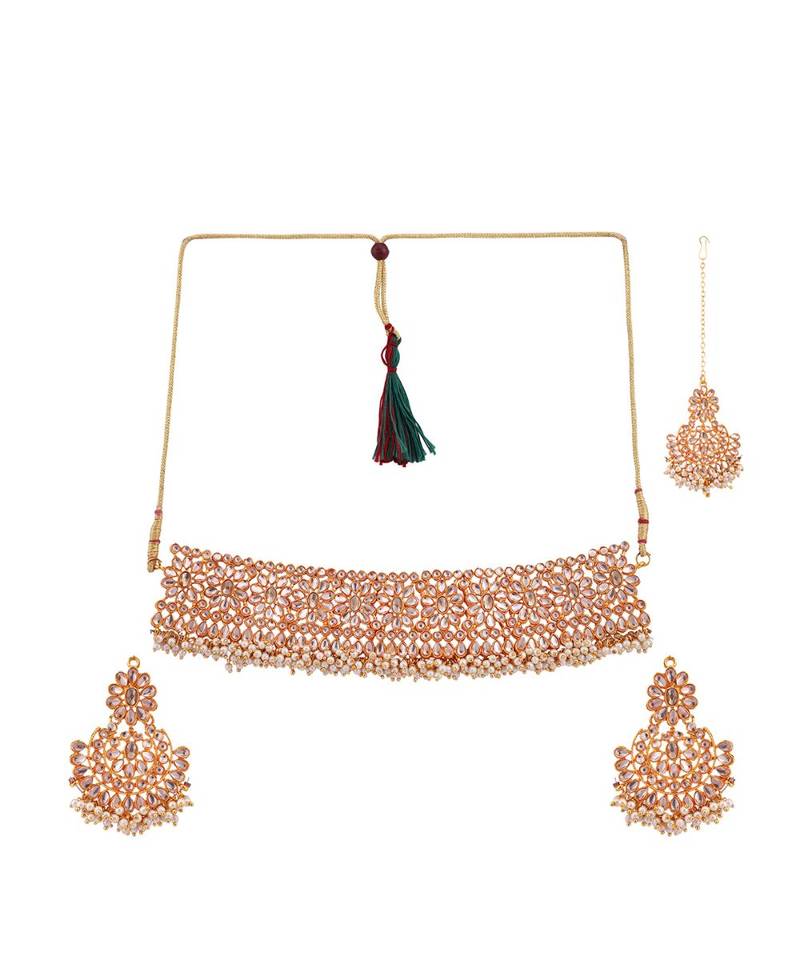 Gold-Plated White Stone-Studded & Beaded Traditional Jewellery Set