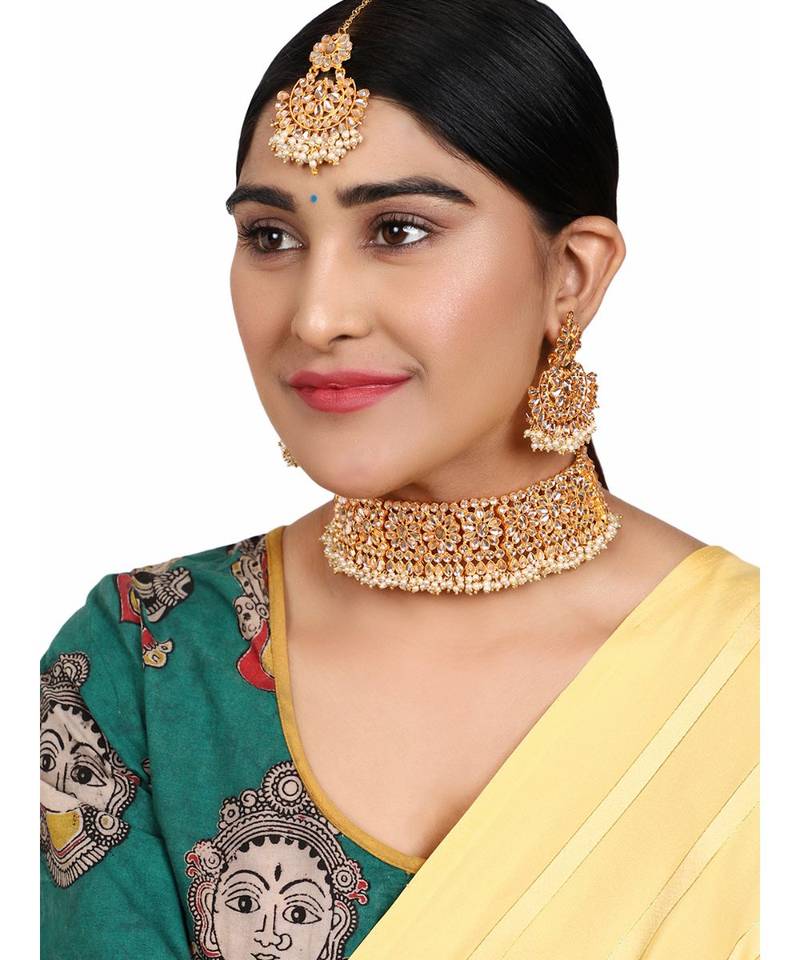 Gold-Plated White Stone-Studded & Beaded Traditional Jewellery Set