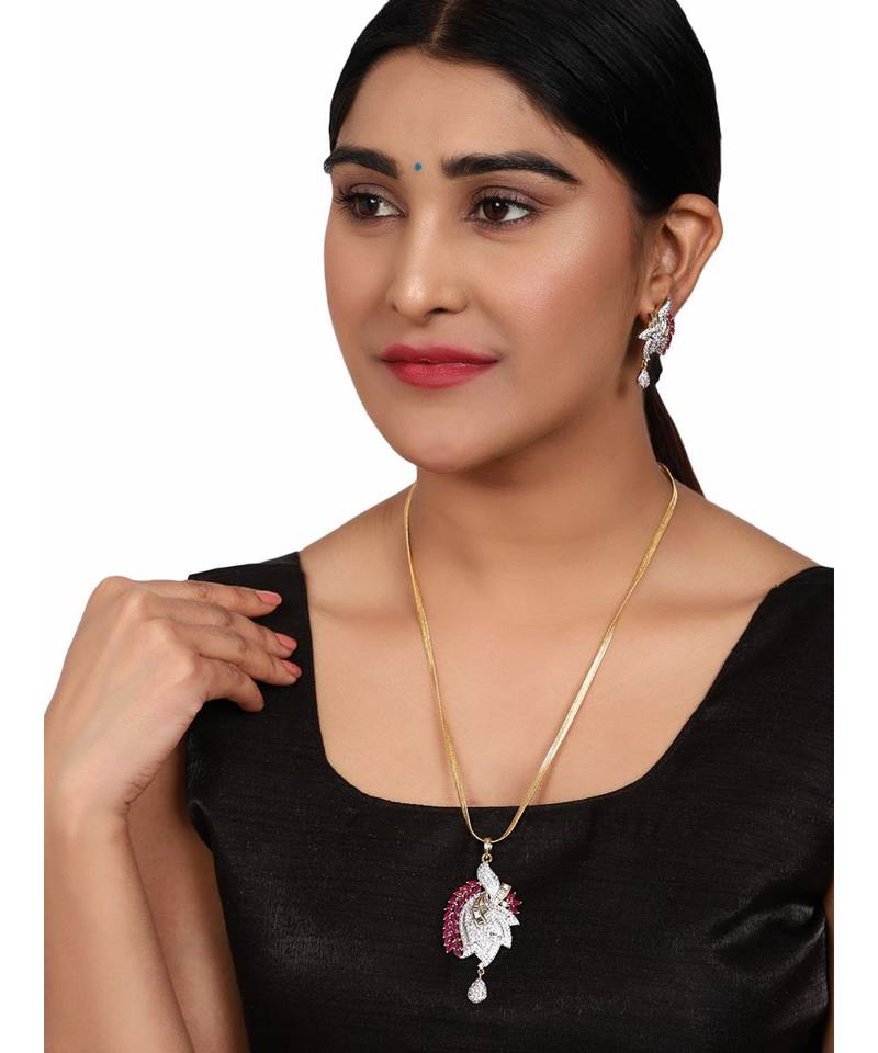 Gold-Plated American Diamond-Studded Partywear Jadau Pendant Set