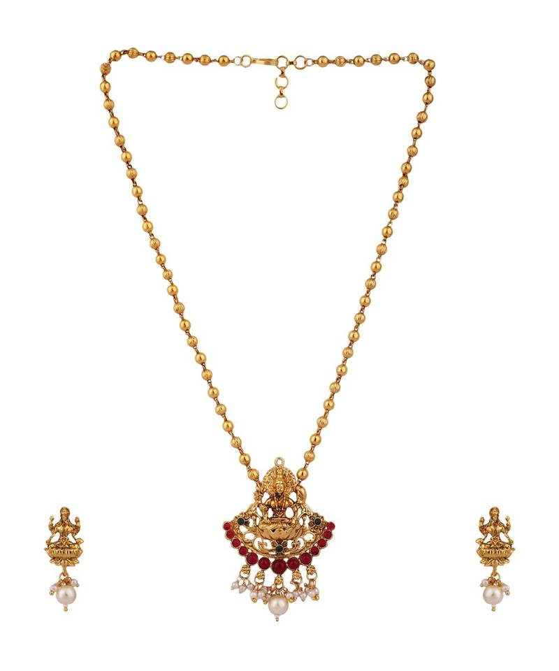 Multicolor Goddess Laxmi Motif Long Crystal Temple Necklace & Earring
