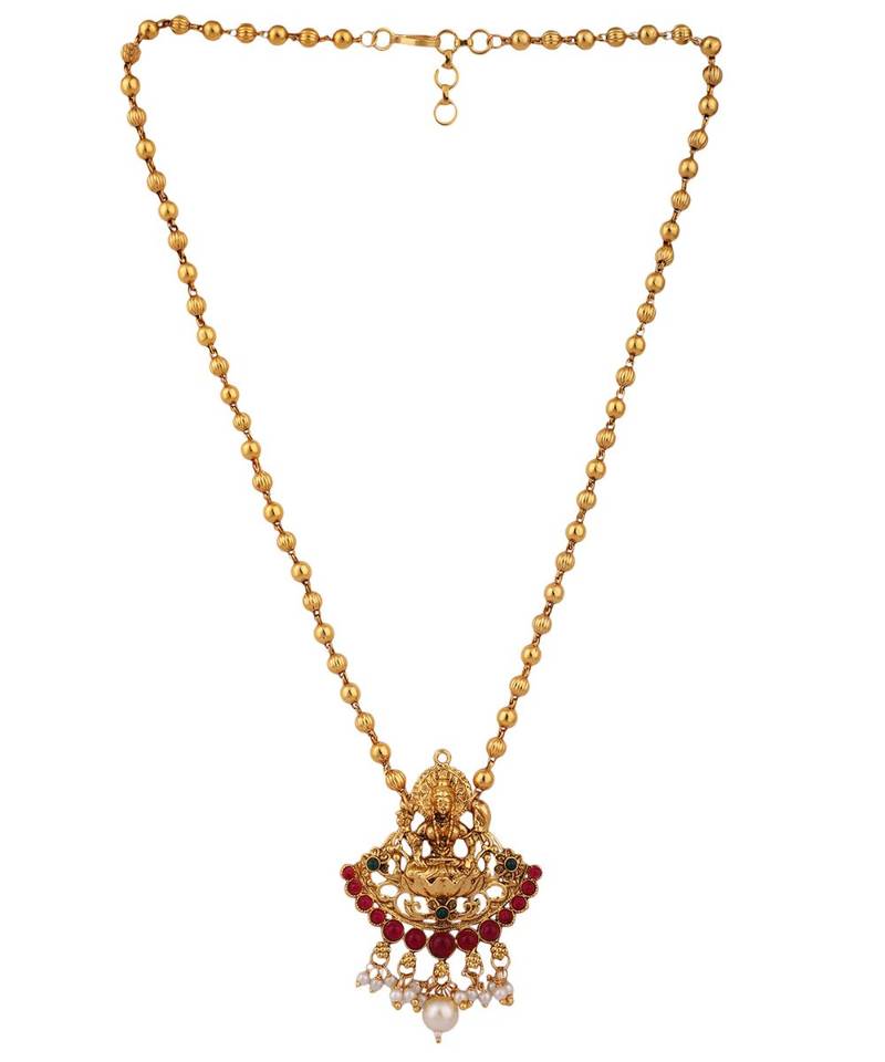 Multicolor Goddess Laxmi Motif Long Crystal Temple Necklace & Earring