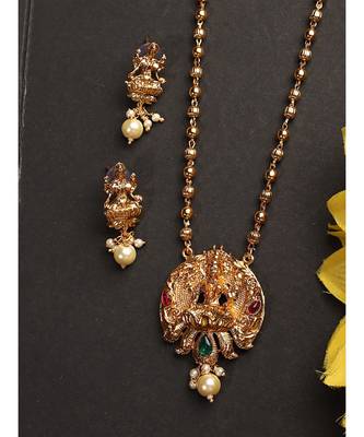 Multicolor Goddess Laxmi Motif Long Crystal Temple Necklace & Earring 1