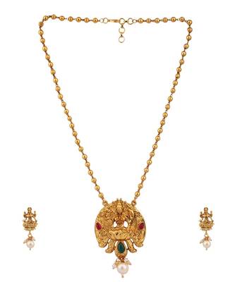 Multicolor Goddess Laxmi Motif Long Crystal Temple Necklace & Earring 2