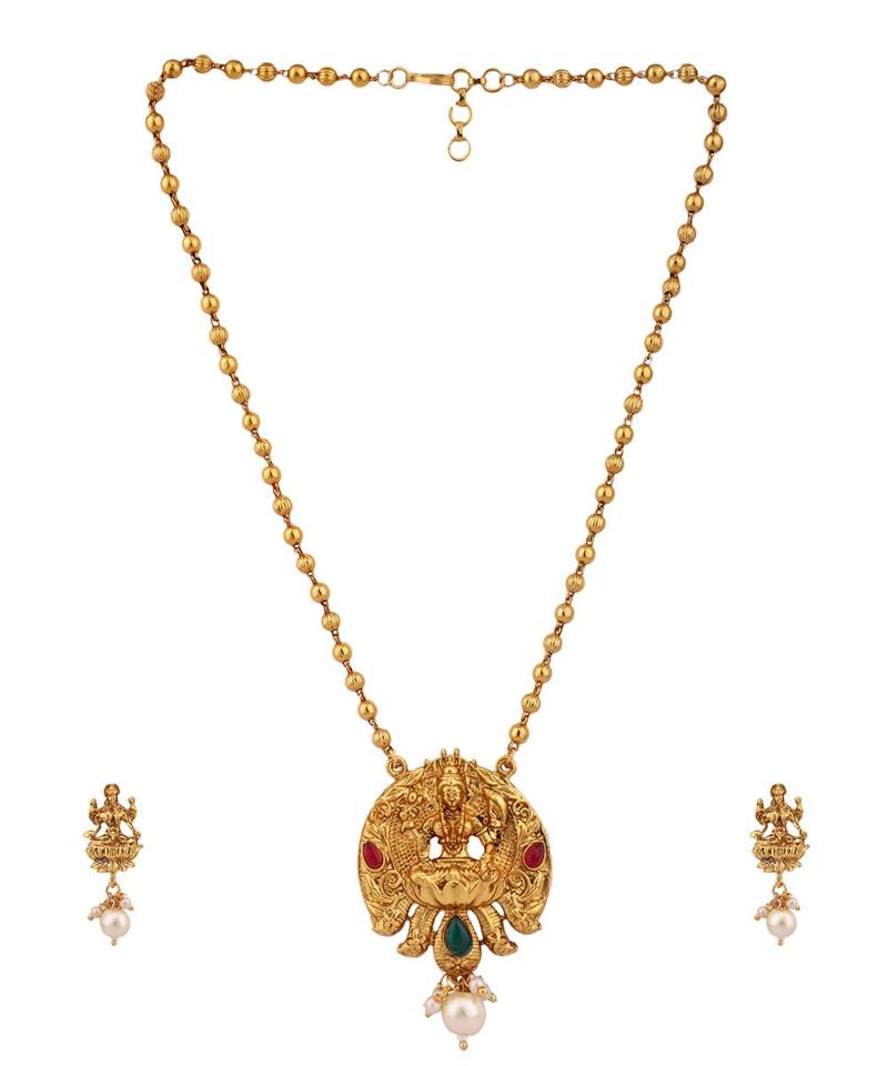 Multicolor Goddess Laxmi Motif Long Crystal Temple Necklace & Earring