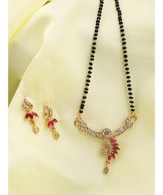 Gold Plated Black Artificial Stones-Studded & Beaded Mangalsutra Set 1