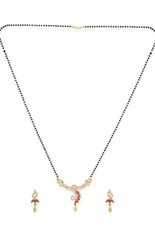 Gold Plated Black Artificial Stones-Studded & Beaded Mangalsutra Set