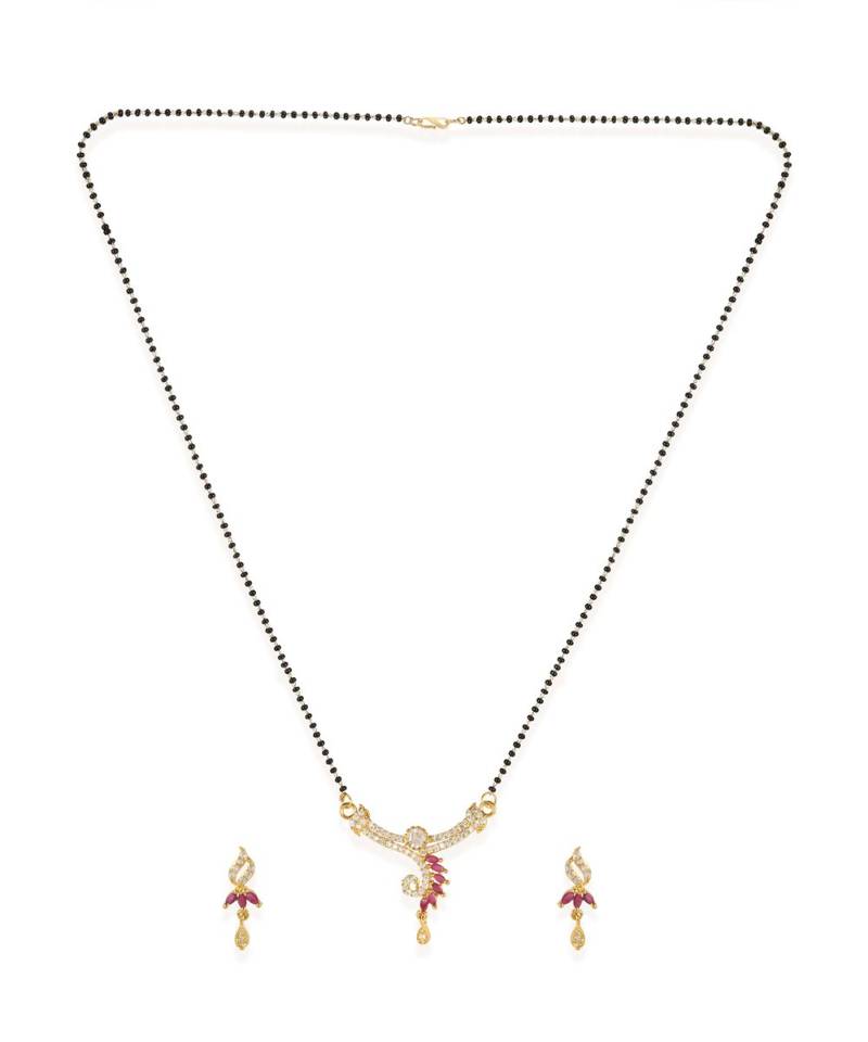 Gold Plated Black Artificial Stones-Studded & Beaded Mangalsutra Set