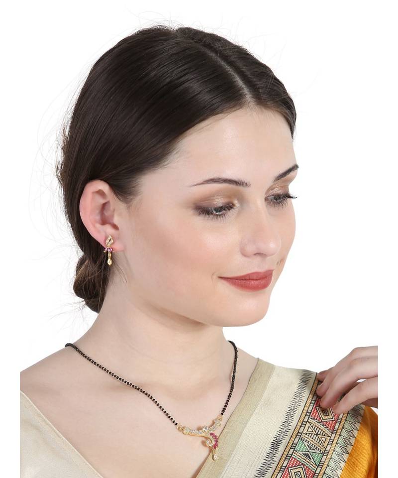 Gold Plated Black Artificial Stones-Studded & Beaded Mangalsutra Set