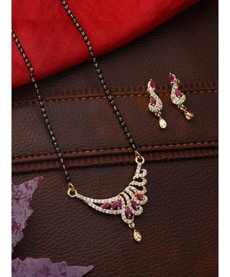 Gold Plated Black Artificial Stones-Studded & Beaded Mangalsutra Set 1