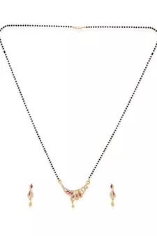 Gold Plated Black Artificial Stones-Studded & Beaded Mangalsutra Set
