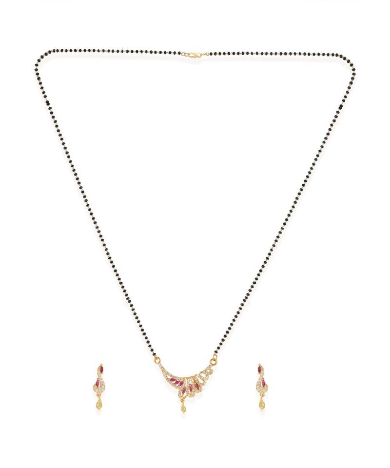 Gold Plated Black Artificial Stones-Studded & Beaded Mangalsutra Set