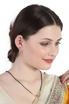 Gold Plated Black Artificial Stones-Studded & Beaded Mangalsutra Set