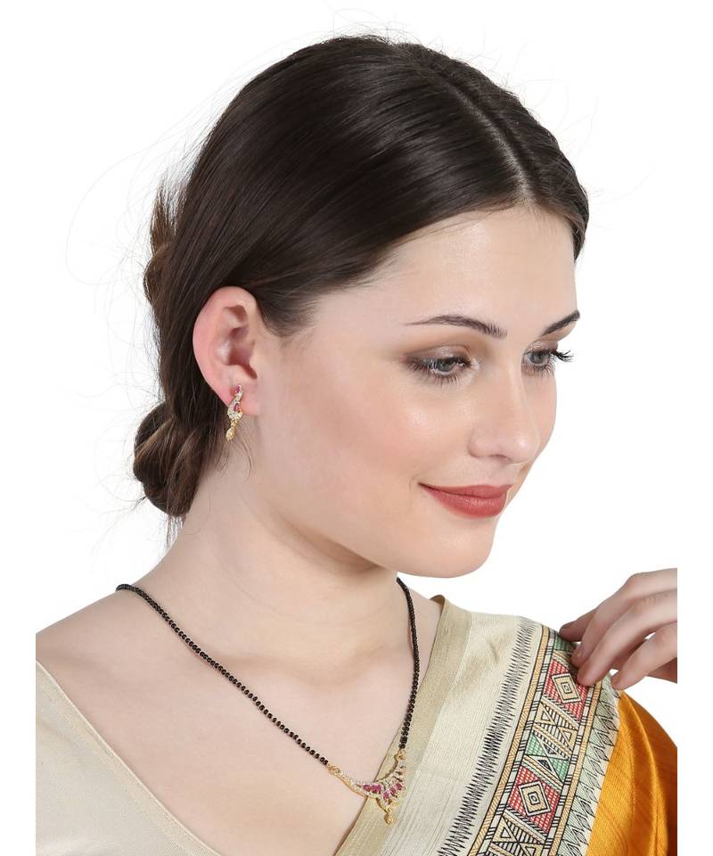 Gold Plated Black Artificial Stones-Studded & Beaded Mangalsutra Set