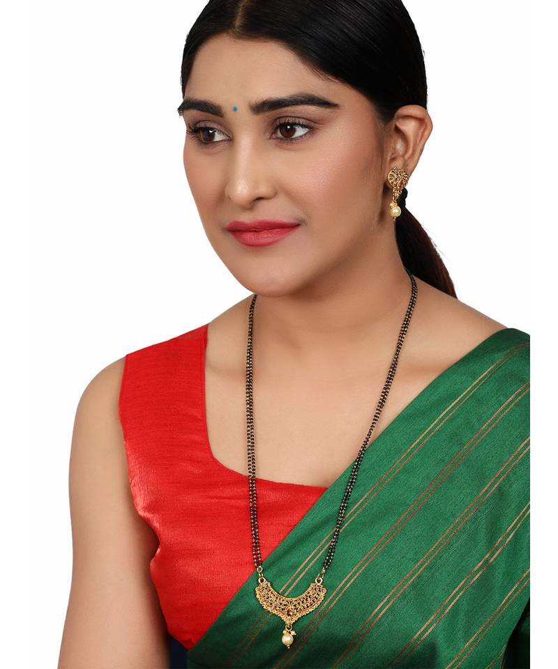 Woman Gold-Plated & Black Beaded Mangalsutra