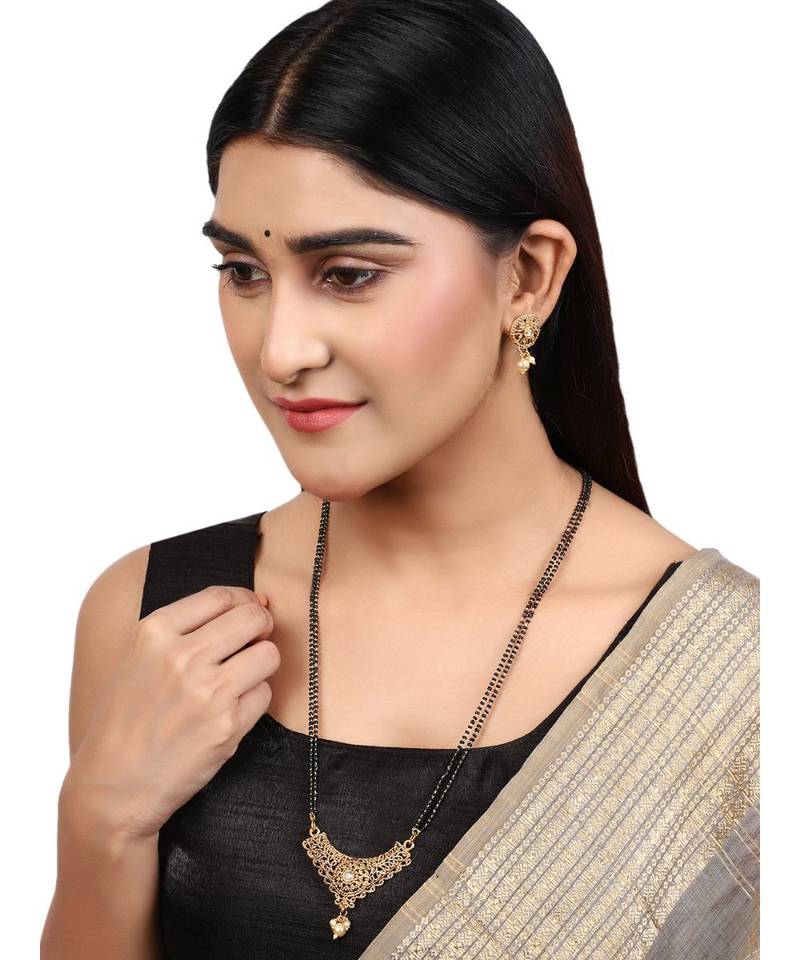 Woman Gold-Plated & Black Beaded Mangalsutra