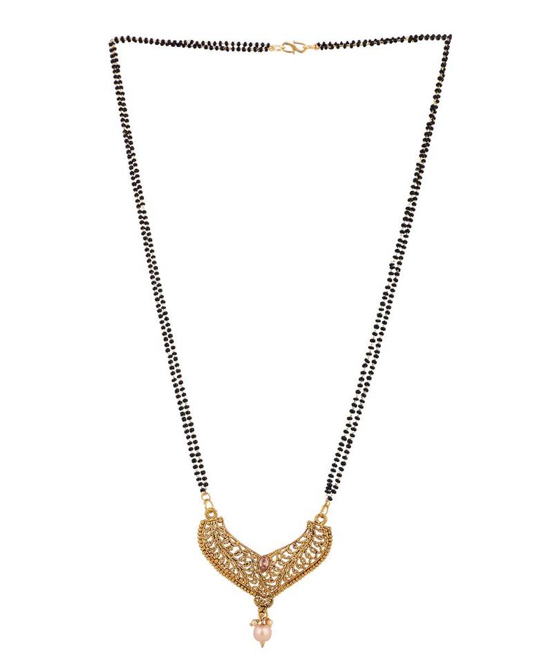 Woman Gold-Plated & Black Beaded Mangalsutra