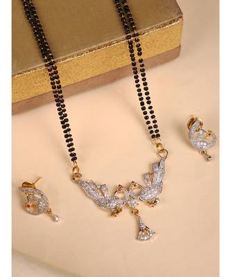 Gold Plated Black Artificial Stones-Studded & Beaded Mangalsutra Set 1