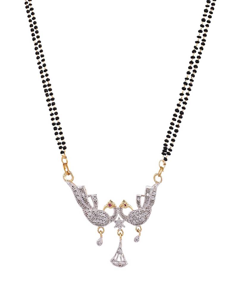 Gold Plated Black Artificial Stones-Studded & Beaded Mangalsutra Set