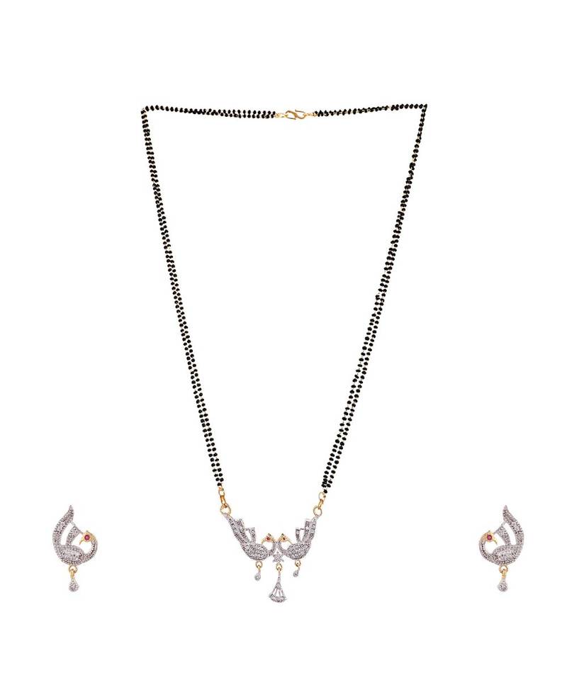 Gold Plated Black Artificial Stones-Studded & Beaded Mangalsutra Set