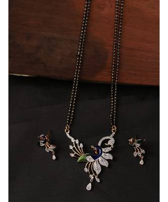 Gold Plated Black Artificial Stones-Studded & Beaded Peacock Motif Mangalsutra Set 1