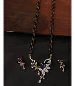 Gold Plated Black Artificial Stones-Studded & Beaded Peacock Motif Mangalsutra Set