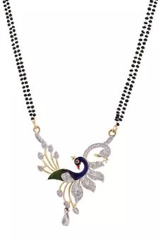 Gold Plated Black Artificial Stones-Studded & Beaded Peacock Motif Mangalsutra Set