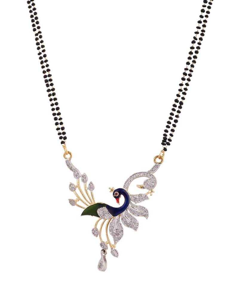 Gold Plated Black Artificial Stones-Studded & Beaded Peacock Motif Mangalsutra Set