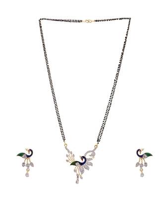 Gold Plated Black Artificial Stones-Studded & Beaded Peacock Motif Mangalsutra Set 3